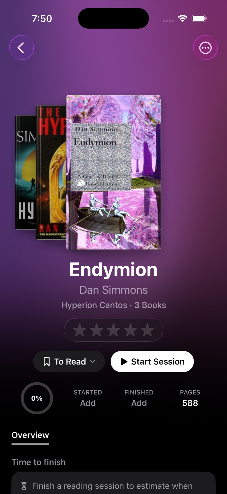 The book page for Endymion, the Hyperion Cantos stacked behind it, on a violet and magenta backdrop.