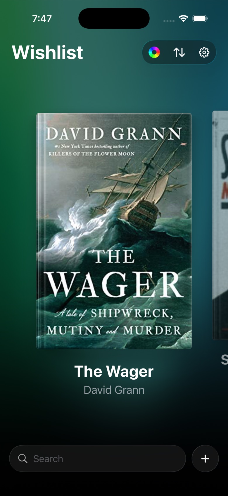 The shelf view: a full-size cover of The Wager on a green and teal backdrop drawn from the artwork.